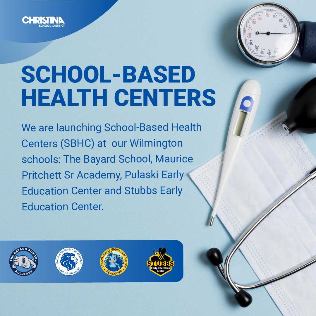  CSD on blue background School-Based Health Centers Bayard, Pritchett, Pulaski, Stubbs logos